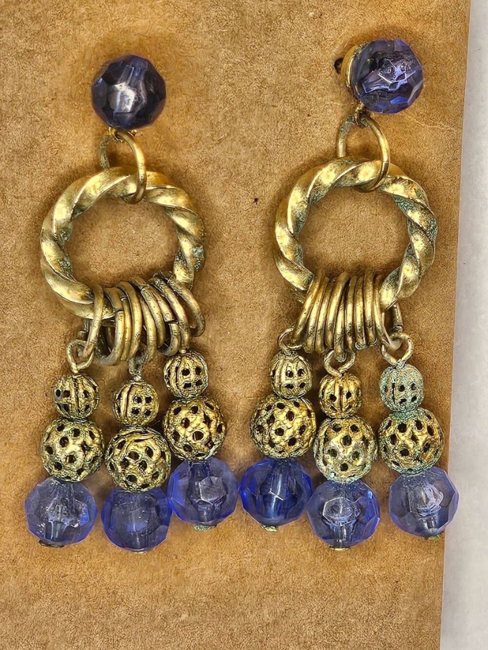 Vintage Gold Chandelier Dangle Earrings with Cobalt Blue Beaded Fringe